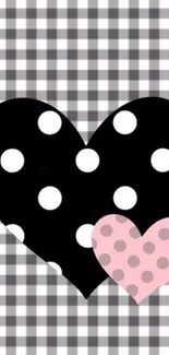 Polka dot hearts on checkered background wallpaper.