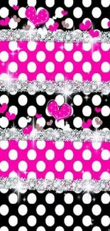 Polka dot and heart wallpaper in pink, black, and white with sparkling glitter.