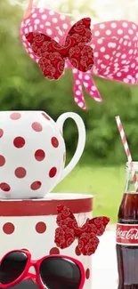 Red polka dot picnic with butterflies and Coca Cola.