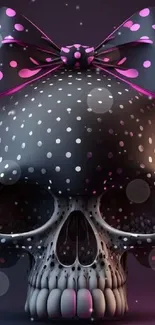 3D skull with pink polka dot bow wallpaper.