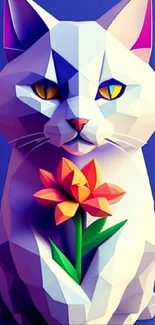 Polygonal cat illustration with orange flower on a blue background.