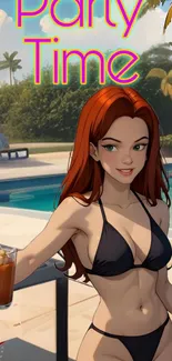 Anime character at a poolside party, holding a drink under a sunny sky.