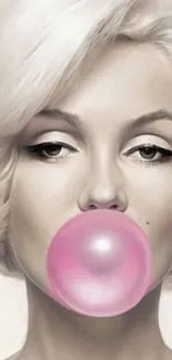 Stylish pop art figure blowing pink bubblegum.