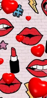 Pop art wallpaper with red lips and lipsticks.