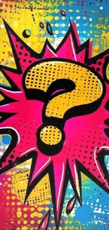 Colorful pop art question mark design on wallpaper.