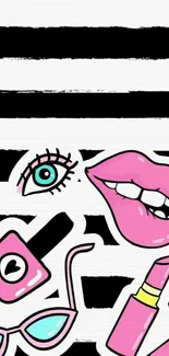 Pop art style wallpaper with pink lips and accessories.