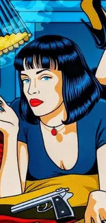 Pop art illustration of a stylish woman in blue with bold colors and retro style.