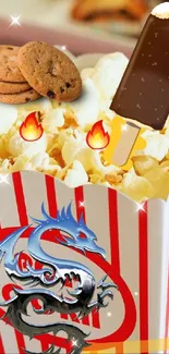 Popcorn wallpaper with snacks including cookies and ice cream bar.