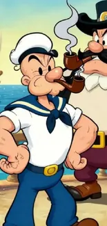 Popeye in a classic animated scene with nautical elements.