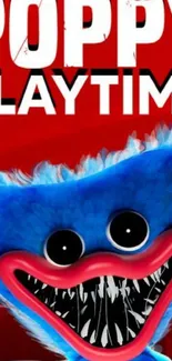 Poppy Playtime wallpaper with a blue creature and red background.