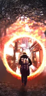 Person entering a fiery portal leading to a mysterious alleyway.