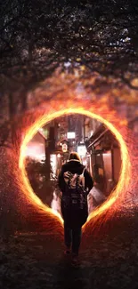 Person walking through fiery portal in a mystical forest.