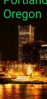 Stunning night view of Portland Oregon's skyline with glowing city lights.