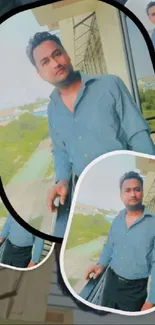 Stylish man in blue shirt on balcony