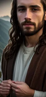 Thoughtful man with beard in front of scenic mountain landscape.