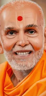 Portrait of a spiritual guru in orange attire with warm tones.