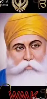 Artistic portrait of a leader with a yellow turban and blue robe.