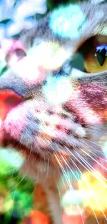 Closeup photo of a tabby cat with green background foliage.