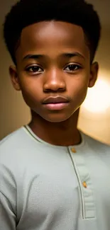 Portrait of a young boy with soft lighting and a serene background.