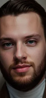 Portrait of a young man with beard and piercing eyes for mobile wallpaper.