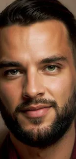 Close-up portrait of a bearded man with expressive eyes in warm tones.