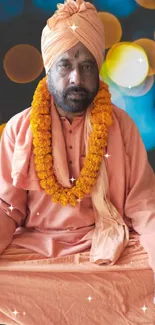 Portrait of a person in peach attire with a bokeh light background.