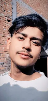 Portrait of a young man with a brick wall background.