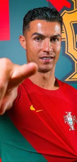 Soccer player in Portugal jersey pointing forward.