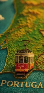 Map of Portugal with vintage tram artwork.