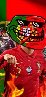 Portugal soccer meme wallpaper with vibrant colors and quirky design.