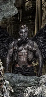 Post-apocalyptic angel with wings and a gas mask in a dark landscape.