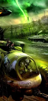 Post-apocalyptic scene with helicopters and tanks under a green sky.