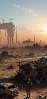 Post-apocalyptic city at sunset with a lone figure exploring.