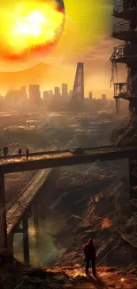 Dystopian cityscape at sunset with a dramatic skyline.
