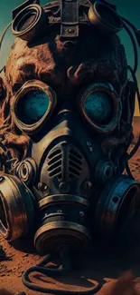 Dystopian wallpaper featuring a detailed gas mask in a desert landscape.