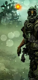 Post-apocalyptic figure in sci-fi landscape with green hues.