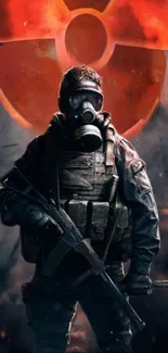 Lone soldier in dark, fiery post-apocalyptic scene.