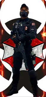 Post-apocalyptic soldier with fiery background in vivid red and black theme.