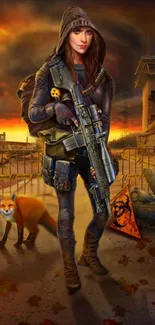 Lone survivor with gear in post-apocalyptic setting with a fox.