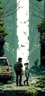 Two travelers in a green post-apocalyptic city with a dog.