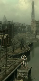 A post-apocalyptic urban landscape with ruins and a cloudy sky.