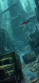 A post-apocalyptic city with submerged streets and abandoned buildings.