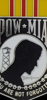 POW MIA memorial emblem on black background honoring soldiers.