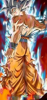 Dynamic anime character with fiery aura and orange hues.