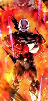 Anime character standing in fiery background with vibrant colors.