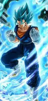 Anime character with blue aura energy and dynamic pose.