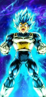 Anime character in blue aura with energetic pose and vibrant colors.