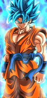 Anime character with blue aura and orange outfit.