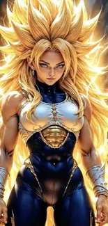 Energetic anime warrior with golden hair and vibrant design.