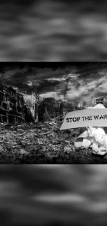 Black and white scene with a 'Stop the War!' message amid destruction.